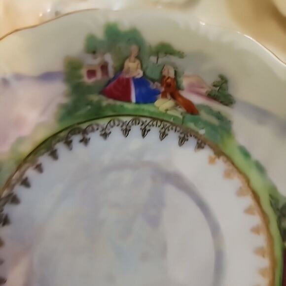 VTG Del Mar Japan Lustreware  Cup and Saucer Footed 24K Gold Trim Pastoral scene - Picture 9 of 14